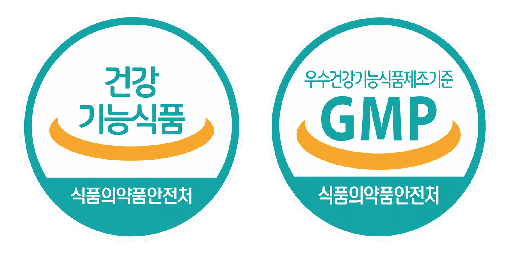 건강기능식품 마크(왼쪽)와 GMP(우수건강기능식품제조기준) 마크(오른쪽)